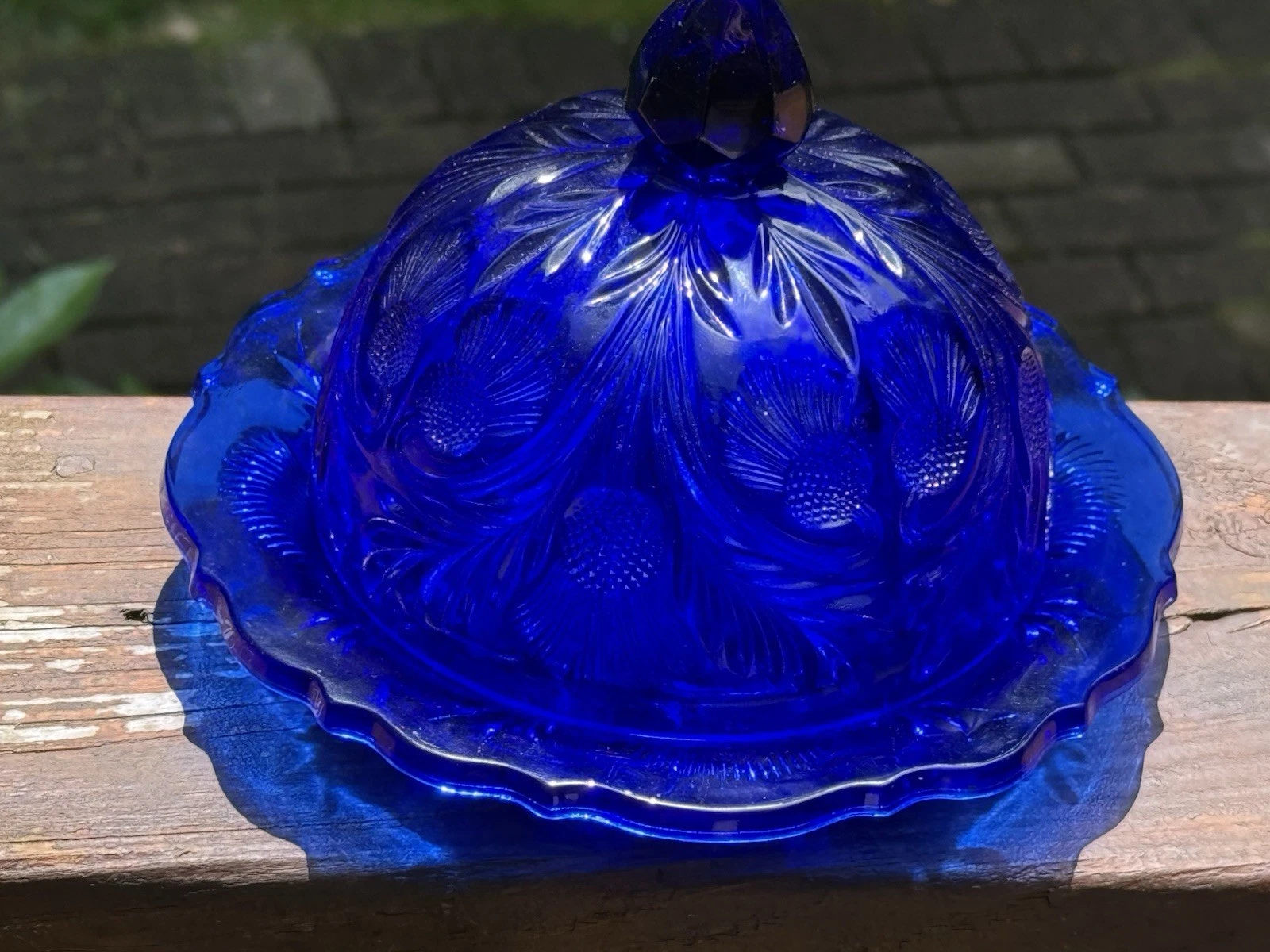Vintage Mosser Colbalt Blue Inverted Thistle Butter or Cheese Dome Dish 7"x 5.5”