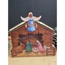 VTG Animated Nativity Scene Music Box Silent Night Moving Figures Angel Wings