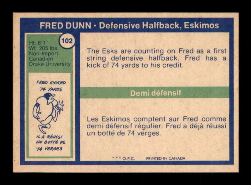 1972 O-Pee-Chee CFL #102 Fred Dunn   NM/NM+ X3581143 - Image 2 of 3