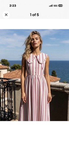 Caroline Constas Women Size M Striped Ruffle Collar Maxi Dress Red Blue Nautical