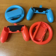 Nintendo Switch Joy-Con Racing Wheel & Grip 4pc Set Red Blue Controller Lot