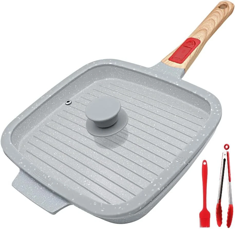 Nonstick Ceramic Griddle Pan with Lid 10 Inch Steak Pan with Detachable Handl...