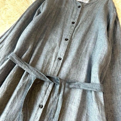 ICHI Antiquites Leinen Hemd langes Kleid V-Ausschnitt Langarm blau hervorragender Zustand - Bild 3 von 8