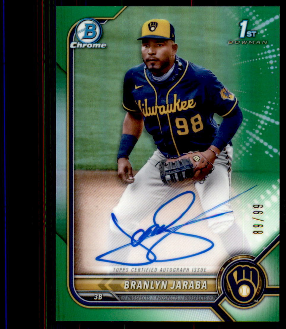 2022 Bowman #CPA-BJ Branlyn Jaraba #/99 Chrome Auto Green Refractor