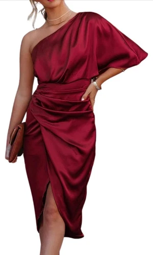 CUPSHE Women's Satin Dress Backless One Shoulder Short Sleeves Midi Sz Small