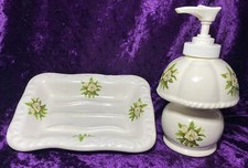 VINTAGE VB ATHENA Soap Dish Dispenser Set White Floral Ceramic Hand Painted