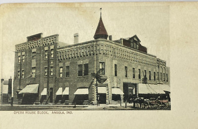 c1900's Opera House Block Postcard Angola Indiana IN Horse Buggy Street View VTG