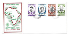 SESZELE - 1979 AFRYKAŃSCY BOHATEROWIE WYZWOLENIA Zestaw 4 szt. na ilustrowanym FDC