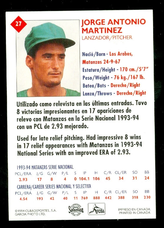 1994 CUBAN LEAGUE # 27 JORGE A. MARTINEZ MINT  1 OF 5,000 PRINTED 90 CENTS SHIP - Image 2 of 4