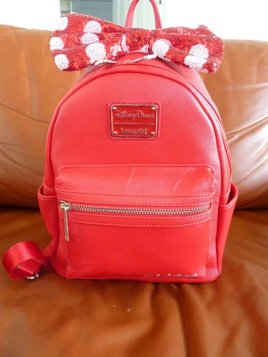 Disney Loungefly Minnie Mouse Backpack w/ Sequin Sparkly Bow Red Color Disney Pk