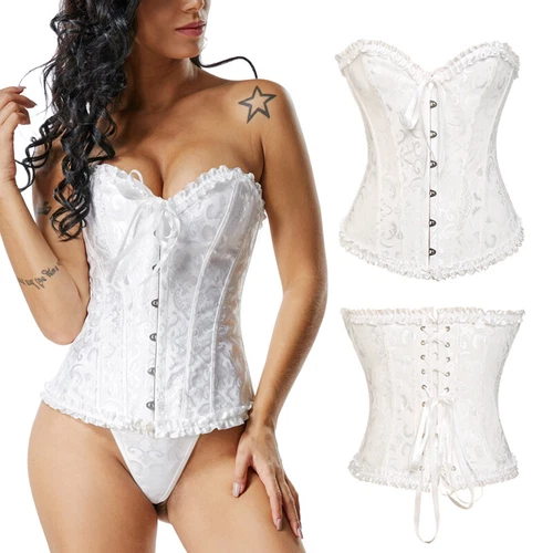 Damen Überbrust Korsett Bustier Burleske Baskisch Top Spitze Kostüm Übergröße - Bild 4 von 29