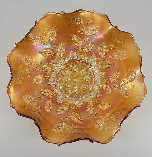Vintage Fenton Carnival Glass Marigold Holly Ruffled Bowl