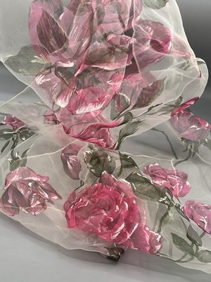 Vintage Sheer Scarf Pink Rose Floral 17 x 40  Delicate Hand-Rolled Slight Damage