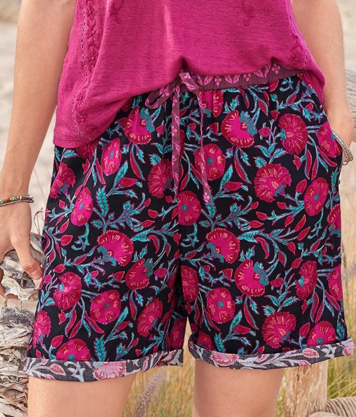 NEW Sundance Catalog Relaxed LEIA BLACK PINK FLORAL Drawstring Cotton Shorts XS