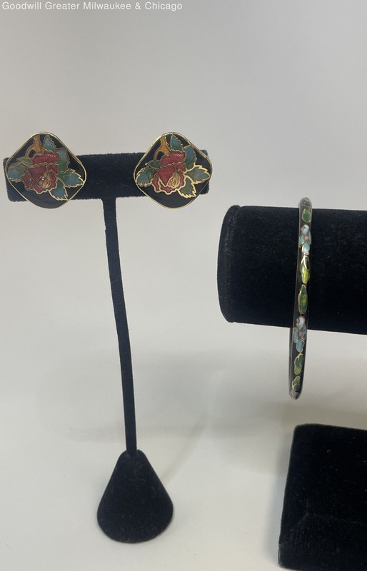 Vintage Floral Cloisonne Enamel Bangle Bracelet & Clip On Earrings 20.7g
