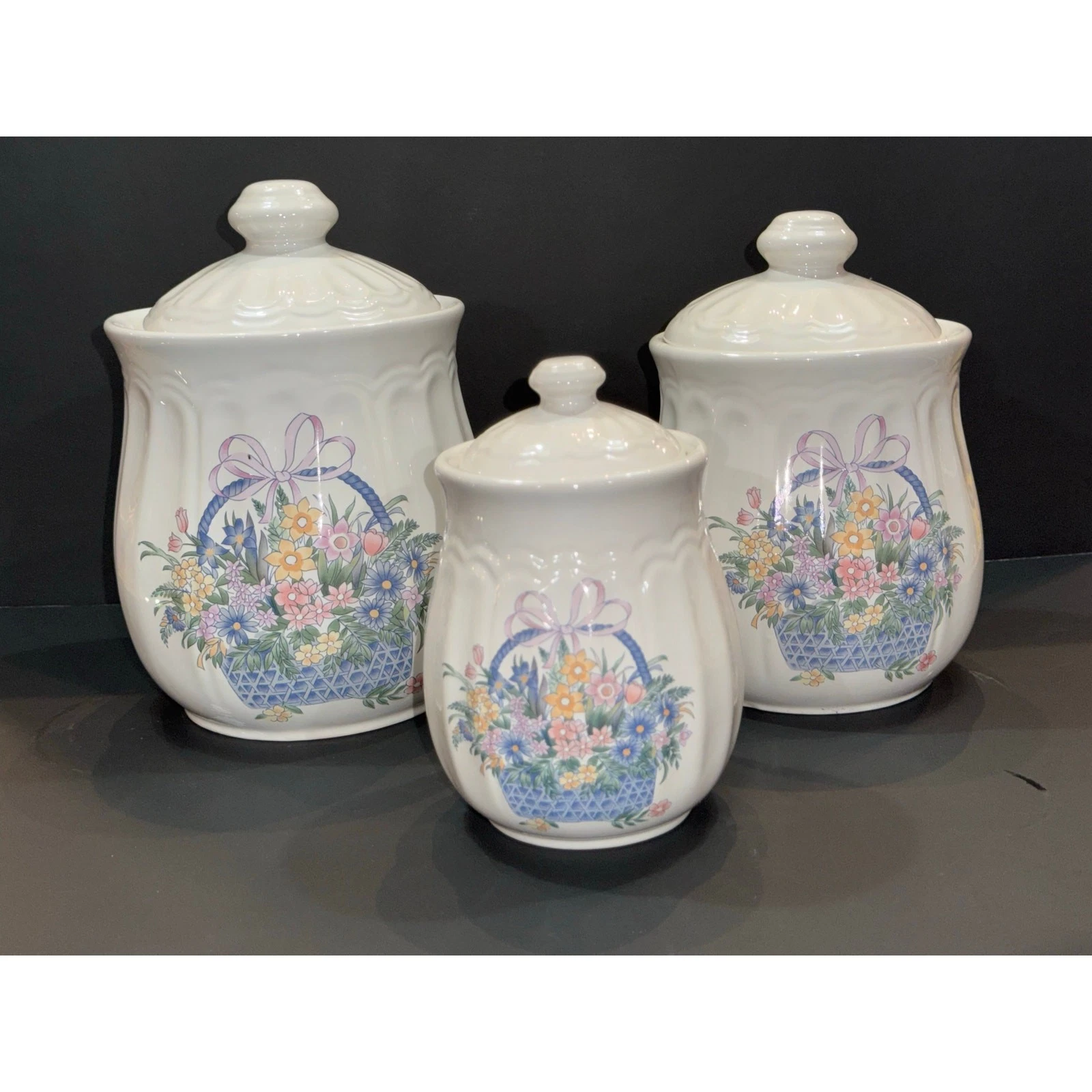 Vintage Set of 3 Stanhome Porcelain Kitchen Canister Set w/ Floral Basket Design