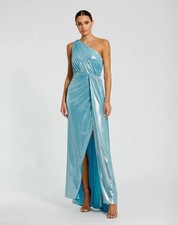 Mac Duggal Size 14 Blue 26537 Metallic One-Shoulder Maxi Gown Dress Prom NWT