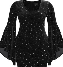 Cider V Neck Black Velvet Dress Silver Stars Witchy Bell Sleeve NWT Plus Curve