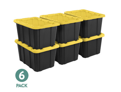 Sterilite Large Storage Bin, 27 Gallon Plastic Storage Tote Black Yellow, 6 Pack