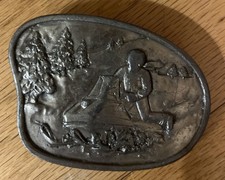 Snowmobile Winter Sports Snowy Mountain Scene Vintage 1977 Bergamot Belt Buckle