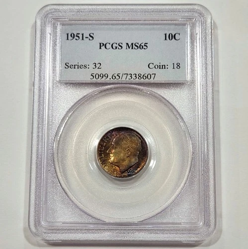 1951-S Roosevelt Dime 10C - PCGS MS65 -  Nicely Toned - Purple Neon Color