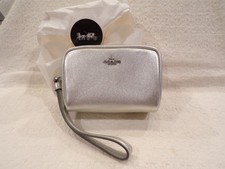 NWT Coach Pouch Square Zippered Wristlet In Metallic Silver With Strap CW420