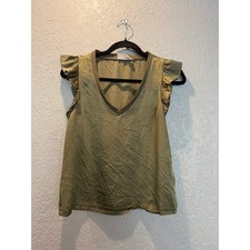Nation LTD Olive Green Ruffle Sleeve V-Neck Top Made in USA Small