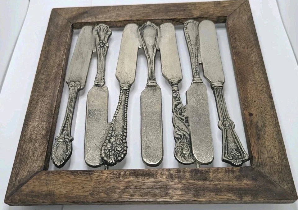 Mud Pie Wood Frame Metal Trivet Square 8.5" Interlocked Knife Cutlery Design New - Image 2 of 4