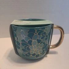 Thyme & Table Drinkware Teal Gold Succulent Stoneware Mug Coffee Cup - NEW