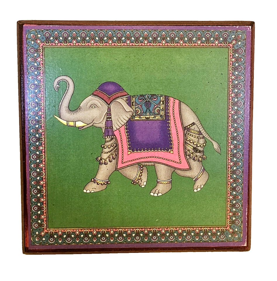 Jim Thompson Pair of Vibrant Elephant Art Prints Applied to 6"x 6" Wood