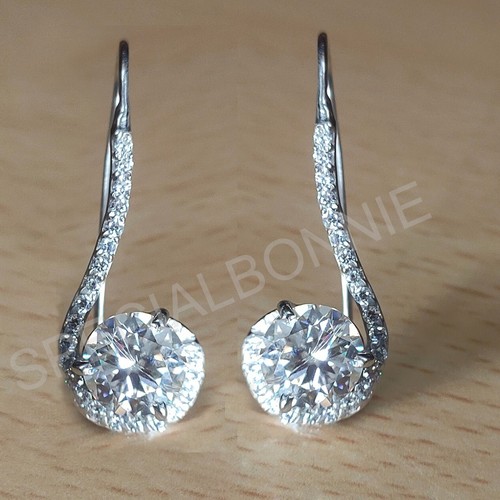 Certified 4Cts White Solitaire Diamond Dangler Earrings-VIDEO - Picture 2 of 9