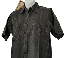 Harley Davidson SS Denim Shirt Black Distressed Button Down Chest38in Womens XS