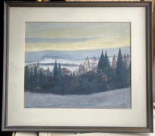 Watercolor Monogram VST Snow Winter 1945 Frame Mountains Fir Trees Antique