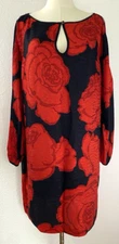 Trina Turk Red Black 100% Silk Floral Shift Dress Size 10 Split Sleeve Keyhole