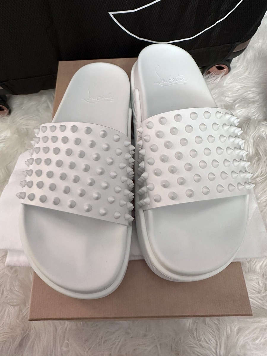 Christian Louboutin Pool Fun Flat Spike White Platform Slide