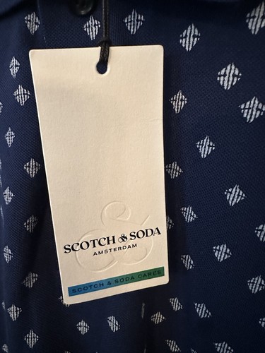 New SCOTCH & SODA Royal Blue Geometric Tipped Short Sleeve Polo Shirt Men’s - Picture 2 of 16