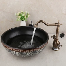 Bathroom Antique Brass Mixer Swivel Spout Taps Kit Ceramic Round Basin Bowl Set