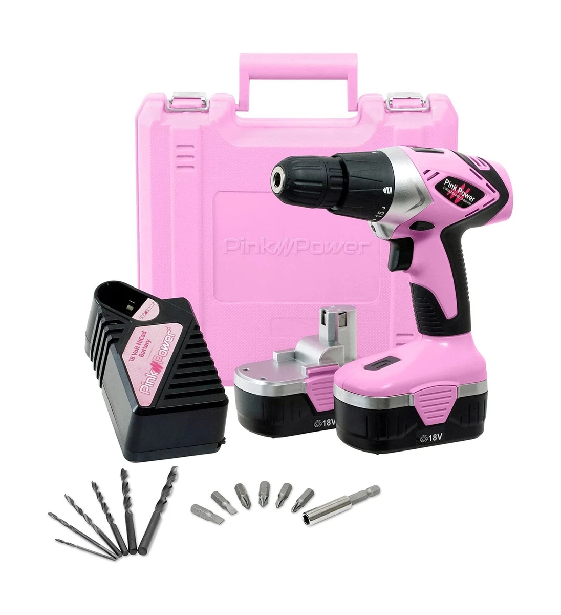 Pink Power Drill Set for Women 18V Pink Cordless Drill Driver Tool