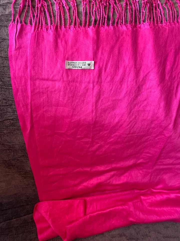 Super Soft Paras 100% Cashmere Large Hot Fuchsia Pink Neck Scarf w Fringe - abou - Изображение 4 из 4