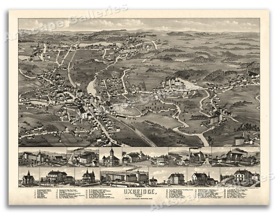 Bird's Eye View 1880 Uxbridge Massachusetts Vintage Style City Map - 18x24