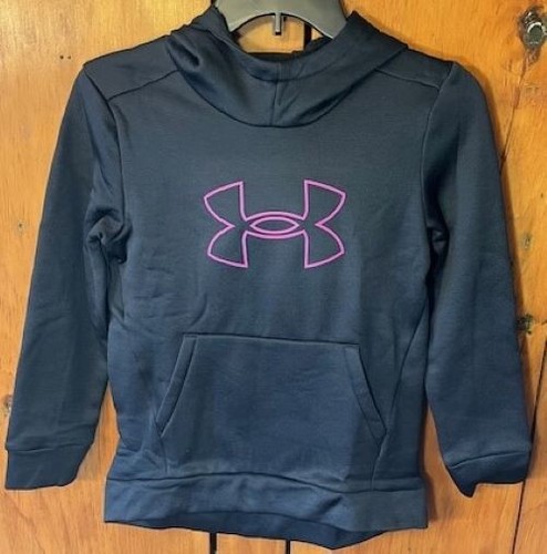 Nuova con etichette - Felpa con cappuccio Under Armour bambina NERA in pile con contorno PiINK logo grande sciolto YMed - Foto 1 di 4