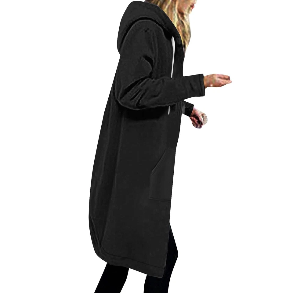 Giacca lunga donna felpa foderata calda pile maglione cappotto felpa con cappuccio - Immagine 3 di 4