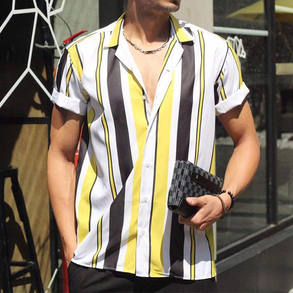 Casual Men's Short Sleeve Striped Cardigan Shirt for Summer - Loose Fit Availabl