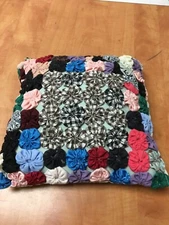 Vintage Yo Yo Pillow - Colorful Toss Pillow 11" x 11" Handmade