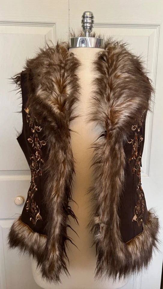 INC Brown Plush Faux Fur & Suede Med Amber Rhinestones Gold Embroidered Vest NWT - Image 2 of 4