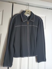 St John Collection Black Pique Knit White Trim Zip Front Blazer Jacket 12
