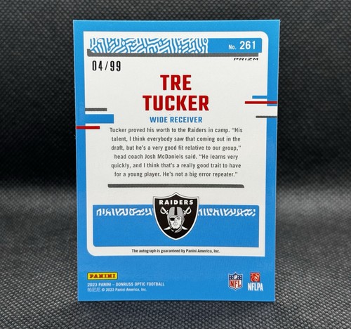 2023 PANINI DONRUSS OPTIC TRE TUCKER #261 RATED ROOKIE BLUE PRIZMS AUTO 04/99 - Picture 2 of 2
