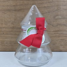 Tarro de árbol de Navidad pequeño de vidrio de 6" de colección con tapa y arco de etiqueta de regalo EE. UU. Nuevo stock antiguo