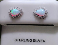 Pear Fire Opal Round CZ Accents Gem Cab Custom Stud Post Sterling Earrings PSE90