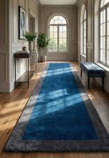 Hand Tufted Blue Wool Runner Rug  Modern Border Hallway Luxury Hall Carpet